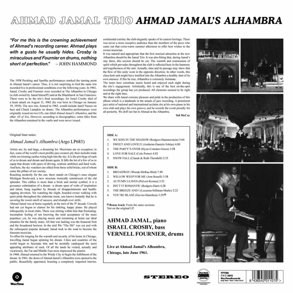 AHMAD JAMAL TRIO - AHMAD JAMAL'S ALHAMBRA - LP - VINYL 33 TOURS DISQUE VINYLE LP PARIS MONTPELLIER GROUND ZERO PLATINE PRO-JECT ALBUM TOURNE-DISQUE