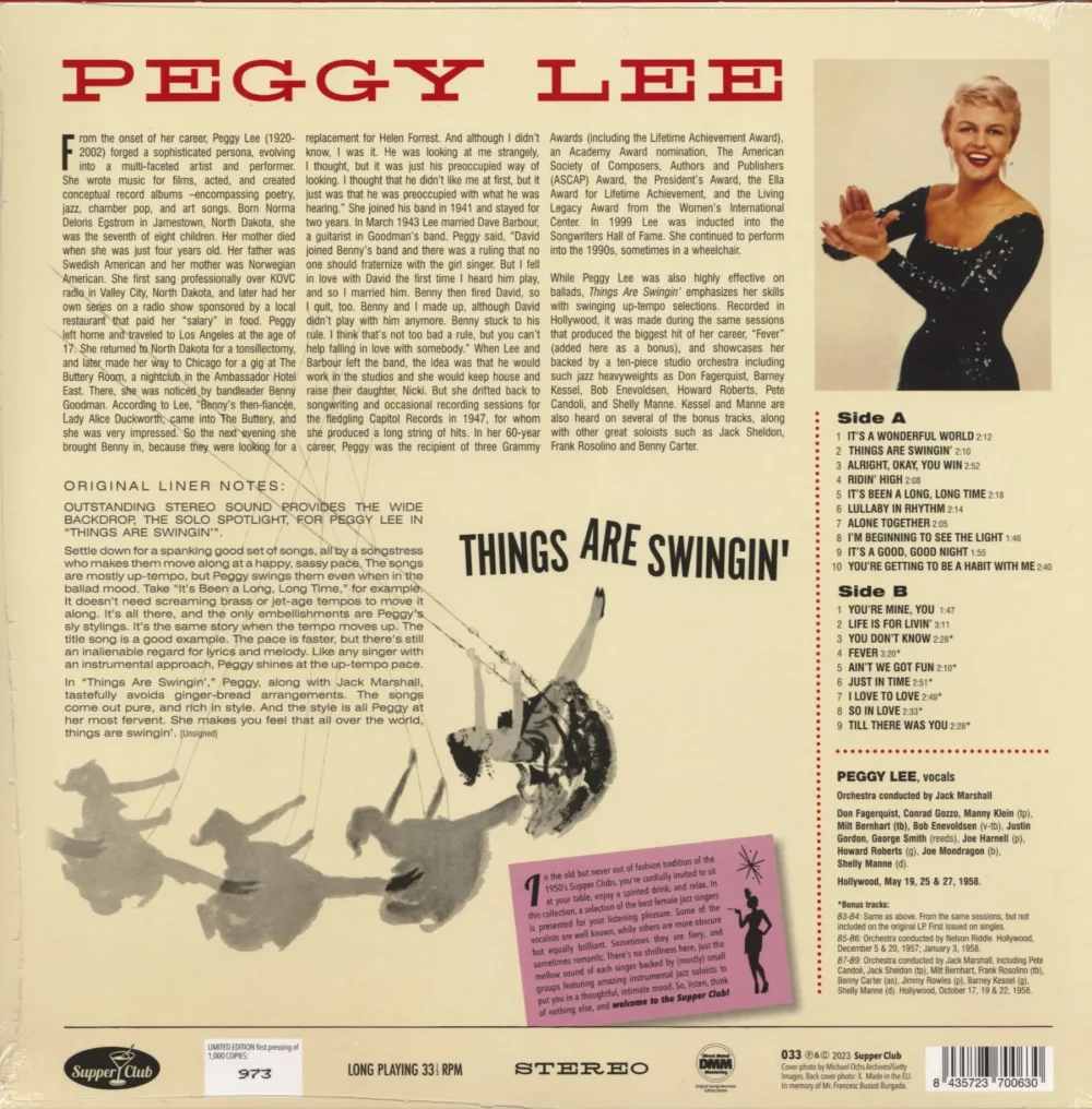 LEE, PEGGY - THINGS ARE SWINGIN' (180 GR VINYL) - LP