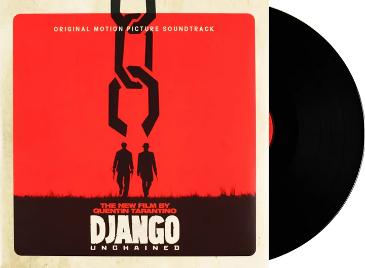 Pochette à rabat Pochettes intérieures imprimées et deux illustrations de « Dr King Schultz »/Christoph Waltz et « Django »/Jamie Foxx. Les titres sont répertoriés dans l'ordre sur le dos, les pochettes intérieures et les étiquettes.