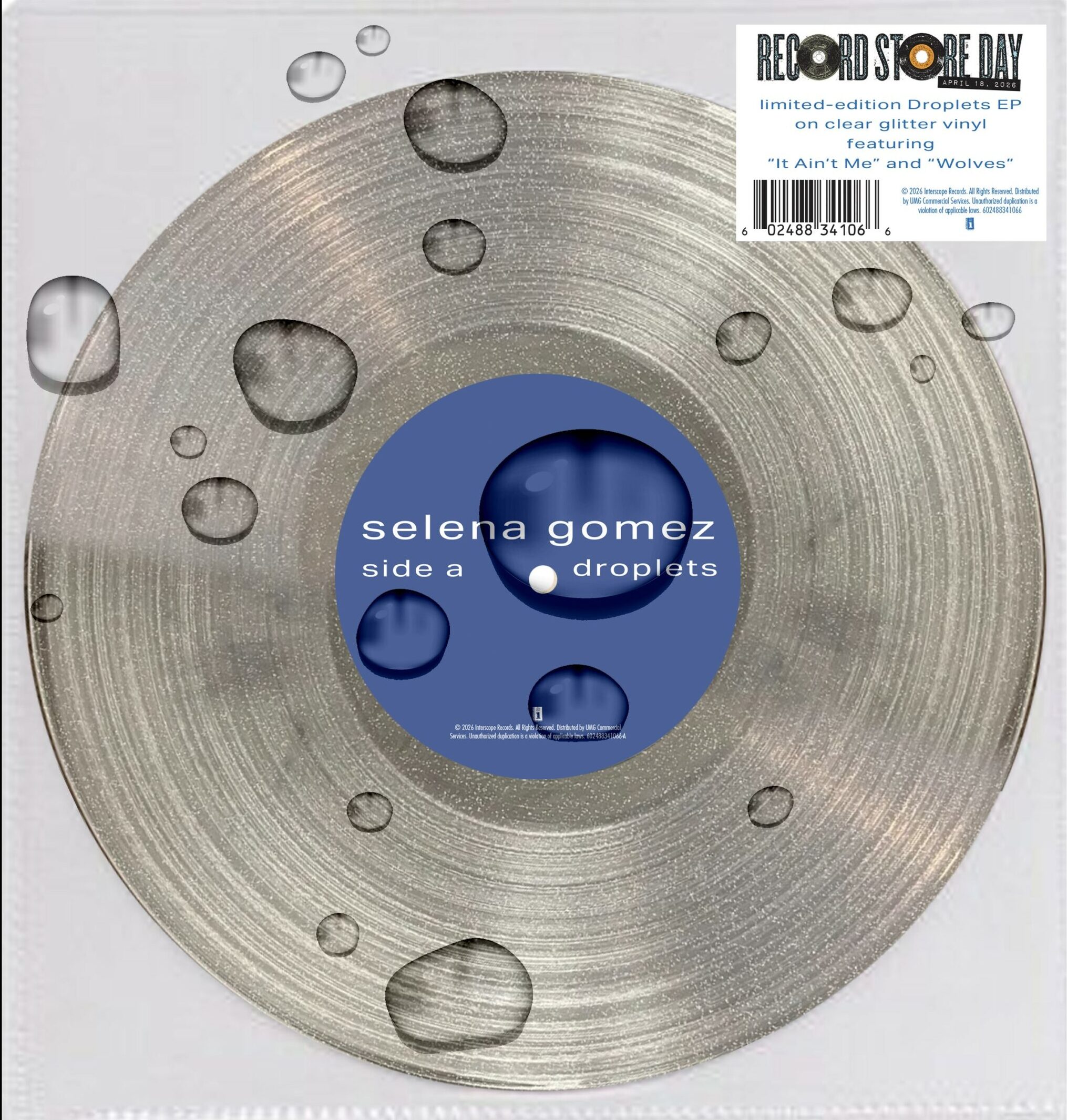 Pour la toute première fois, Selena Gomez rassemble les titres préférés de ses fans sur l’EP Droplets. Comprenant les singles « Wolves », « Bad Liar » et « It Ain’t Me », cette compilation couvre plusieurs époques et reflète l’évolution musicale de Selena sur un seul album, passant de la pop minimaliste à l’électro et aux performances vocales qui ont marqué certains des moments les plus marquants de sa carrière.