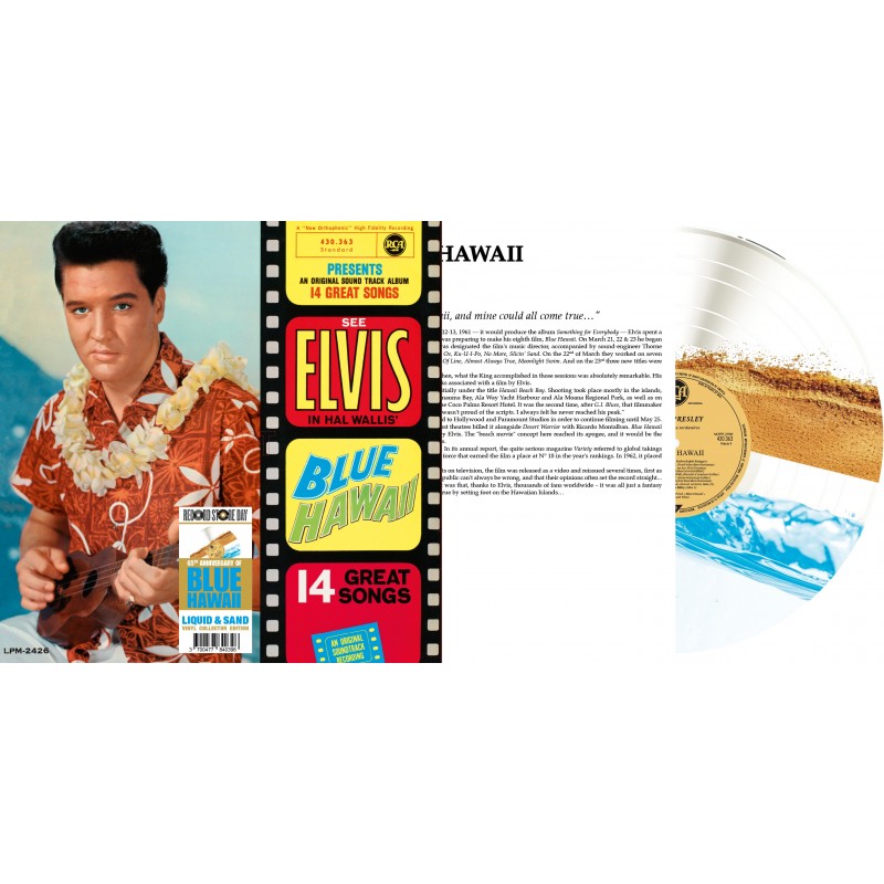 Pour la première fois, Blue Hawaii est proposé dans une édition spectaculaire en vinyle Liquid-Filled, divisé en deux parties égales : d’un côté, un liquide bleu profond évoquant les eaux d’Hawaï ; de l’autre, du sable fin rappelant ses plages légendaires. Cette édition unique prolonge l’univers de Elvis Presley et, comme toujours, s’accompagne d’un texte exclusif ainsi que de documents issus des sessions studio, offrant aux fans une immersion totale dans l’album et dans son processus de création. 1 LP – Le PREMIER “VINYLE LIQUID-FILLED” avec du LIQUIDE BLEU et du SABLE !