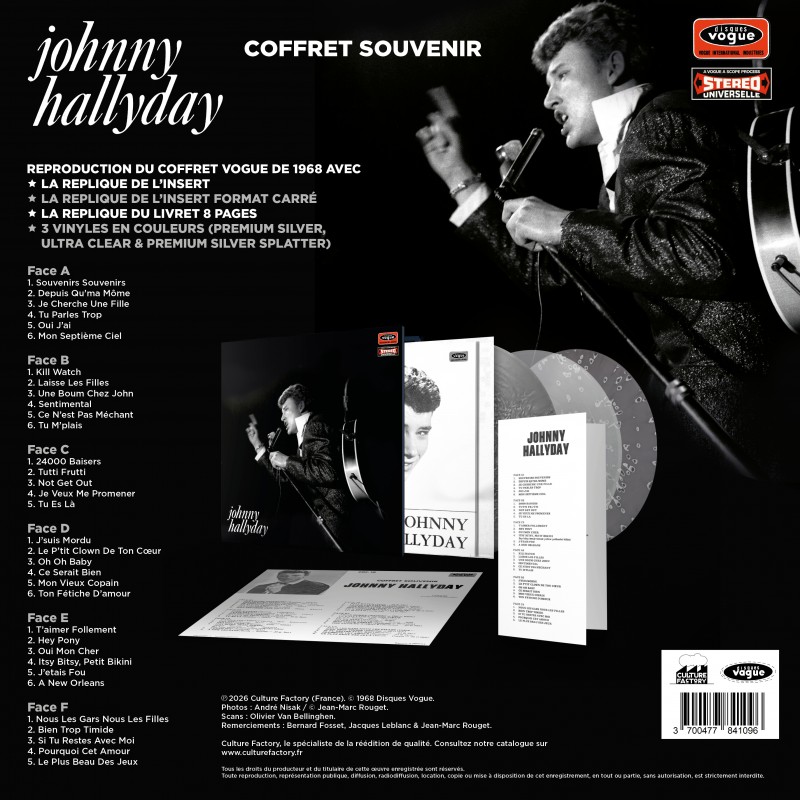 Ce Coffret Souvenir ressort pour la première fois dans une réédition fidèle à l’original. Les deux inserts sont reproduits à l’identique, tout comme le précieux livret de 8 pages, particulièrement rare et très recherché par les collectionneurs. Présenté dans son format d’origine, il s’enrichit cette fois de vinyles en couleurs PREMIUM SILVER, ULTRA CLEAR et PREMIUM SILVER SPLATTER, renforçant son caractère exclusif et collector sans altérer l’esprit de l’édition initiale. Limité à 1,000 exemplaires, sans refabrication possible, ce coffret est destiné aux collectionneurs exigeants et fans de Johnny.