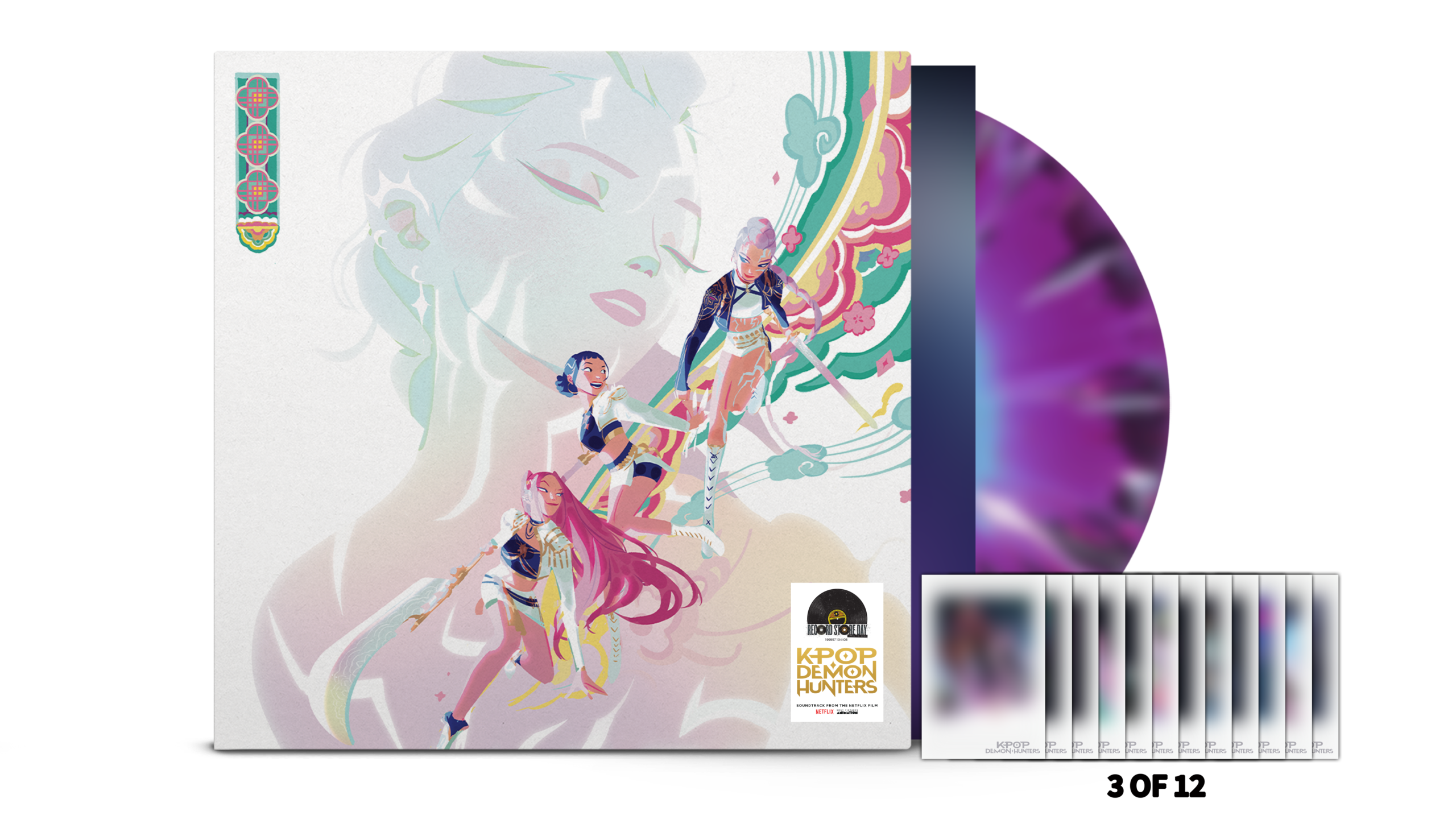 Les deux pochettes forment une illustration continue opposant les filles aux garçons. Pochette exclusive réalisée par Marion Bordeyne (l’une des conceptrices visuelles responsables du look des Saja Boys et Huntr/x). Les pochettes auront un effet encre UV. Photocards 3 sur 12 plus une photocard holographique bonus 2 sur 12. Poster dépliant. Feuille d’autocollants. Vinyle exclusif en mélange de couleurs.