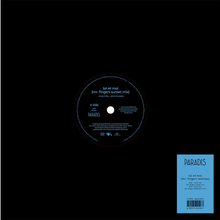 En 2016, le duo PARADIS - formé par Simon Mény et Pierre Rousseau - sort son premier et unique album à date, "Recto Verso", subtil mélange de chanson et d'électro. 10 ans après, l’album bénéficie toujours d'une aura intacte et s'inscrit définitivement parmi les disques clé de la pop francophone. « Toi Et Moi », l'un des titres phares de l'album, est aujourd'hui remixé par Larry Heard (aka Mr. Fingers), artiste / DJ légendaire, l’un des pionniers de la deep house au milieu des années 80.