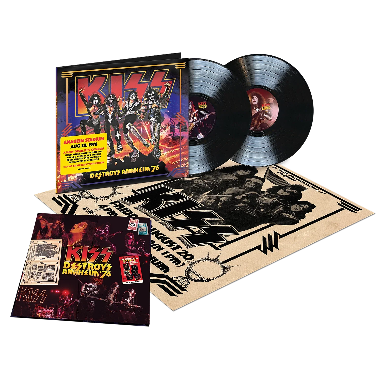 Description Commemorating the 50th anniversary of one of the most seminal concerts in KISStory – on August 20, 1976, KISS performed in front of their largest audience to date – 42,000+ fans – at Anaheim Stadium. Originally recorded by Eddie Kramer on that KISStoric night, Eddie has newly mixed this concert from the original multi-track tapes! The 60+ min concert is pressed on 180-gram 2-LP black vinyl and includes an insert featuring liner note highlights from the Deluxe version, unreleased photos & memorabilia imagery.
