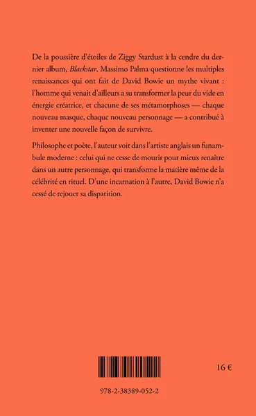 Dans un essai dont le titre est une référence directe à Pier Paolo Pasolini (Les cendres de Gramsci), Massimo Palma fait balancer les chansons de David Bowie entre la poésie d'Andrea Zanzotto, la pensée de Georges Bataille, ou encore celle de Jacques Derrida. David Bowie — né de la poussière d'étoiles, spécialiste de la métamorphose, être apocalyptique parfaitement intégré, étranger mais à l'aise dans ce monde — a dès le début mis en scène sa mort comme un rite de passage vers d'autres genres musicaux. Dix ans après la mort de l'artiste anglais, ce livre est l'occasion pour Massimo Palma de rendre hommage à celui qui n'a cessé de créer de nouveaux personnages : il traite de l'obsession de Bowie pour la fin — ses déguisements, ses tenues — et de ses stratégies pour toujours recommencer. Parce que David Bowie ne mourra jamais vraiment, renaîtra toujours de ses cendres : « Ashes to ashes, funk to funky / We know Major Tom's a junkie ».