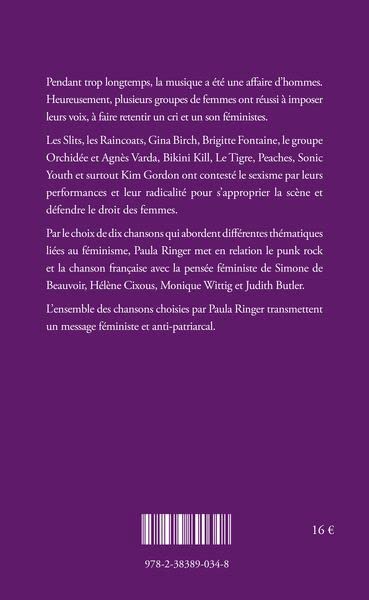 Pendant trop longtemps, la musique a été une affaire d’hommes. Heureusement, plusieurs groupes de femmes ont réussi à imposer leur(s) voix et à s’approprier la musique. Paula Ringer s’intéresse à un ensemble de groupes et d’artistes qui ont décidé de s’approprier une forme profondément masculine : le rock. Dans le rock anglo-saxon, les groupes de filles veulent reconquérir un territoire majoritairement masculin, voire misogyne, qui éloigne ou mystifie les femmes. Il sera donc avant tout question de groupes féminins et féministes, américains et anglais et influencés par le mouvement punk. Mais aussi de pop française avec Brigitte Fontaine et les chansons écrites par Agnès Varda et interprétées par le groupe Orchidée pour le film L’une chante, l’autre pas. L’ensemble des chansons choisies par Paula Ringer transmettent un message féministe en vue de contester le système patriarcal. 12 x 19,5 cm 150 pages couverture souple avec rabats Fabriano Colore Viola 200g collection : la ritournelle ISBN : 978-2-38389-034-8 Parution : 05 mai 2023