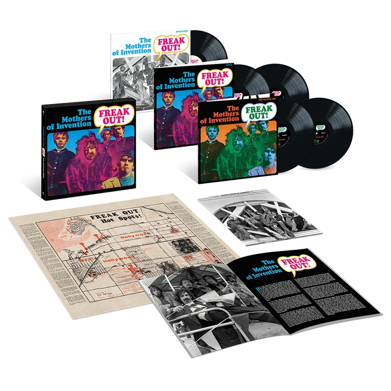 Ce coffret de 5 vinyles comprend le mixage pré-master inédit jusqu’à présent sur 2 vinyles, le mixage master mono sur 2 vinyles épuisé depuis longtemps, un vinyle regroupant les morceaux phares du coffret Super Deluxe du 60e anniversaire, notamment des enregistrements live au Fillmore de San Francisco (1966) ainsi que des démos des Mothers, d’un livret enrichi de photos rares, de nouveaux essais, d’une nouvelle section très spéciale contenant encore plus de « citations pertinentes », de la carte originale « Freak Out! Hot Spots Map » de Frank Zappa, dépliante recto-verso, et d’une lithographie.